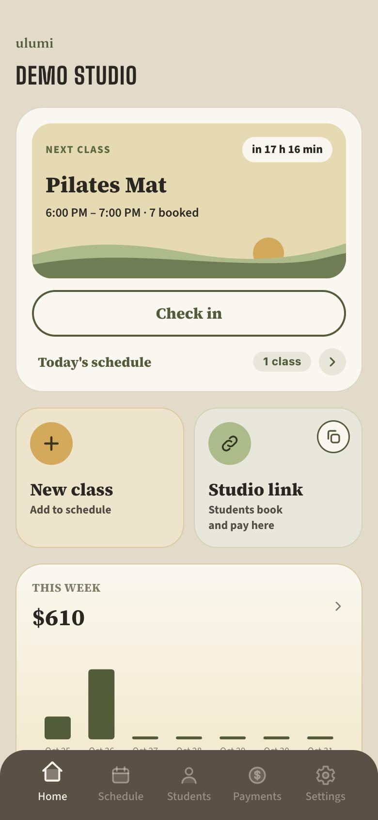 Ulumi home screen: next class, Check in button, studio link and this week's revenue