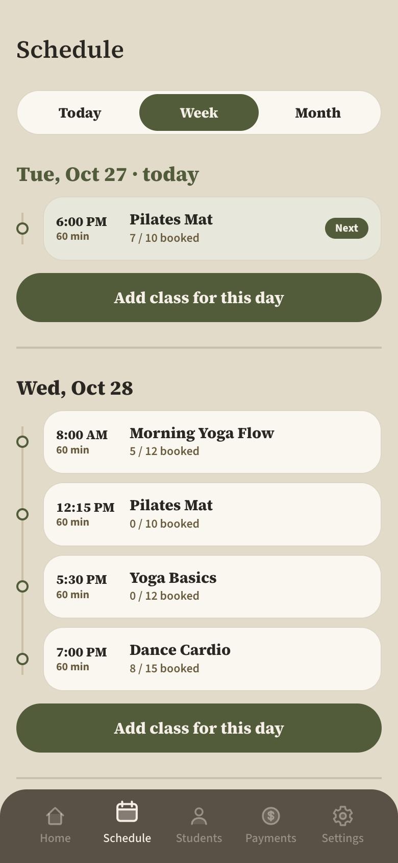 Ulumi schedule: the week as a timeline with booked spots for each class
